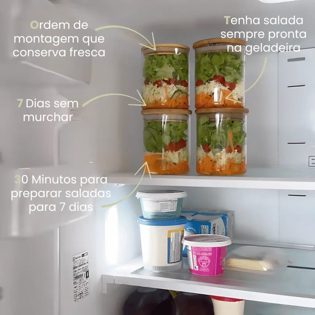Tarros de ensalada ya preparados y apilados en la nevera