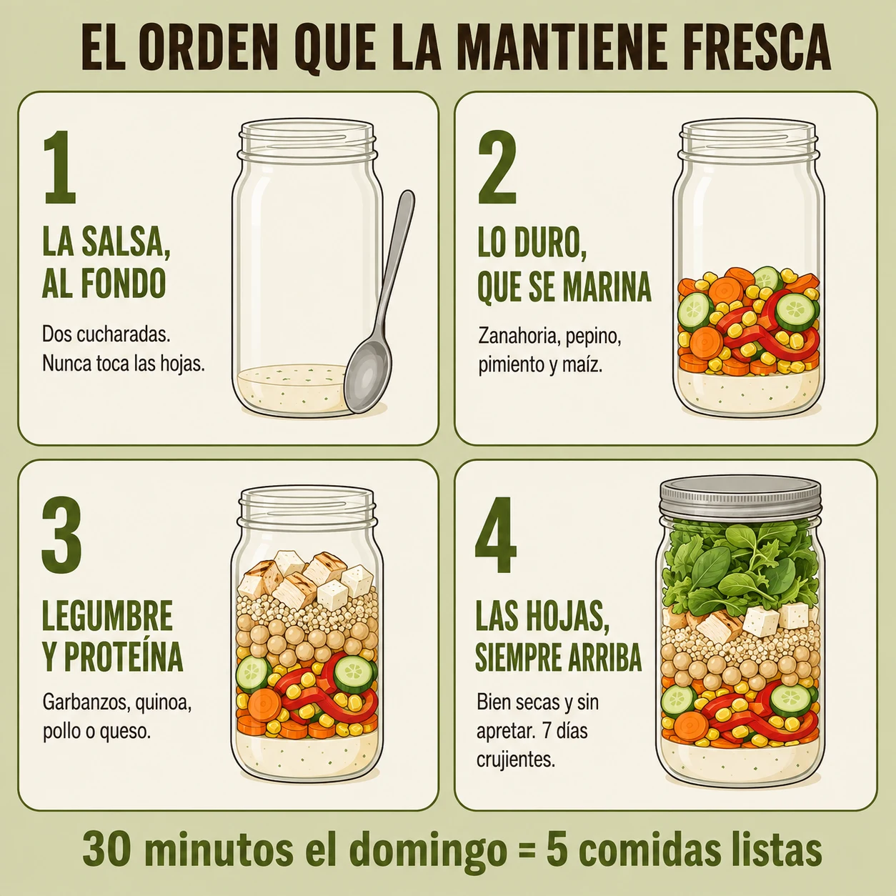 Los 4 pasos para montar una ensalada en tarro: la salsa al fondo, lo duro que se marina, legumbre y proteína, y las hojas siempre arriba